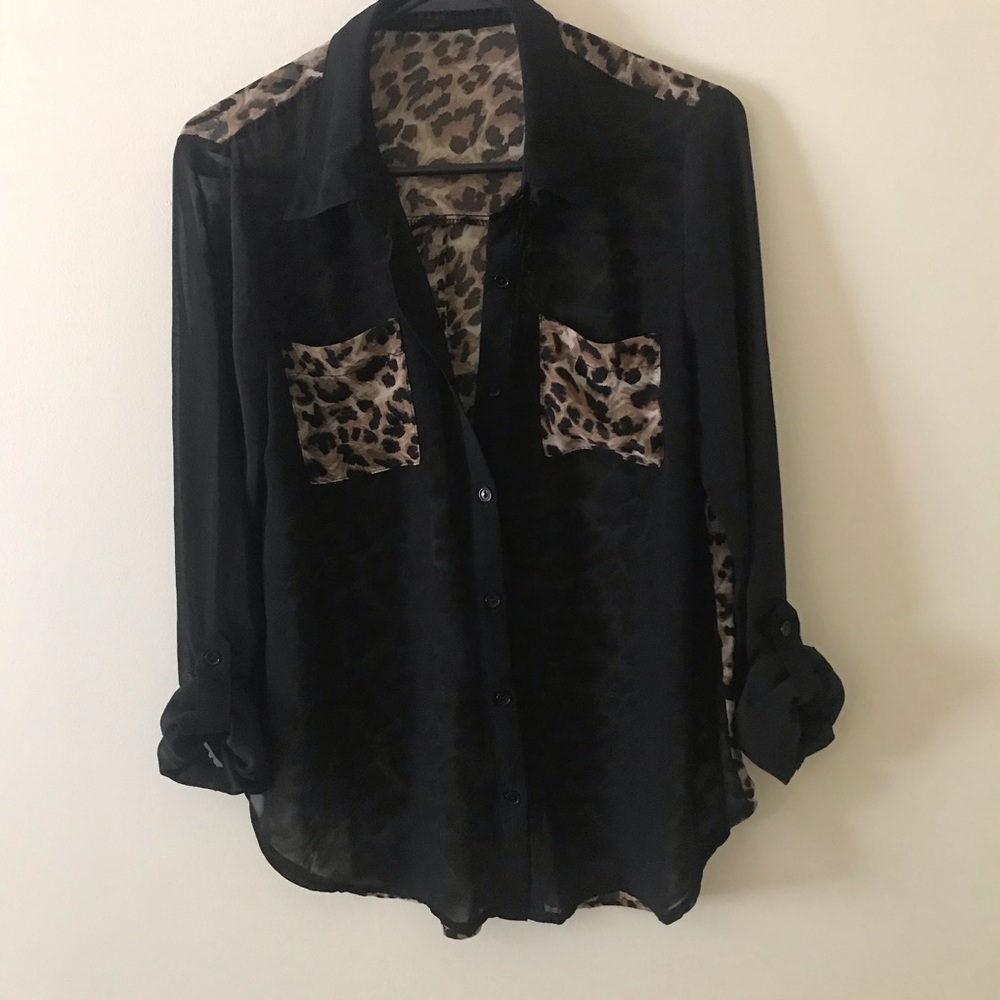 Sheer black shirt with leopard print accents